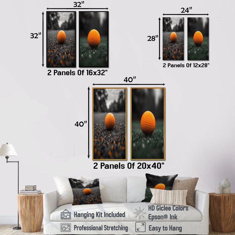Ensemble de 2 balles de golf monochromes gris orange I, H 40 po x l 40 po, Impression encadrée, Argent argent