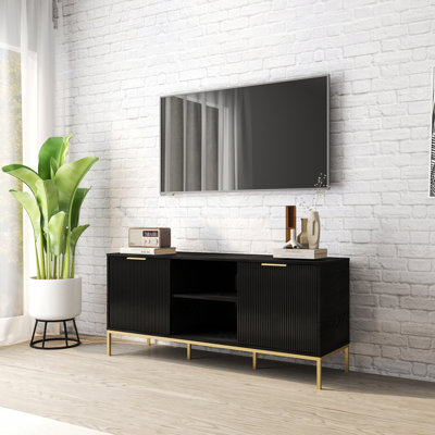47" Modern Mid-Century Tv Stand With Wave-Design Doors For Tvs Up To 55" (Black & Gold)