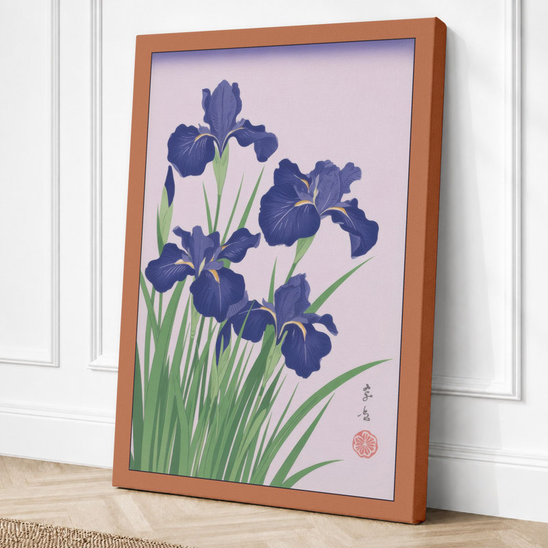 Blue Irises with Seal Japandi - Wrapped Canvas, 24x16 - 61.0 x 40.6 cm, Terracotta Border