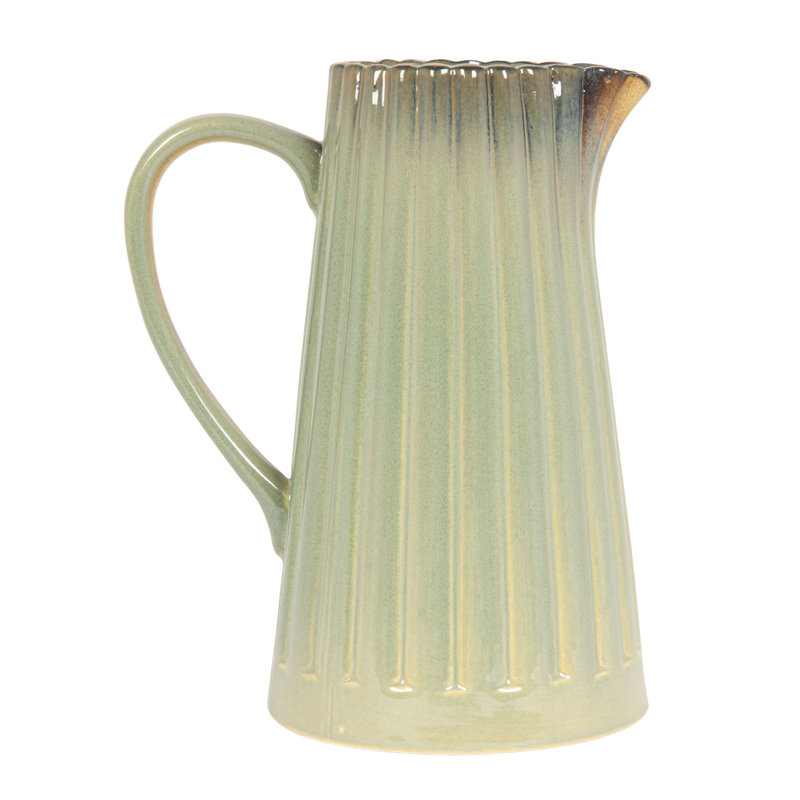 Stoneware Ribbed Pitcher With Reactive Glaze, Green