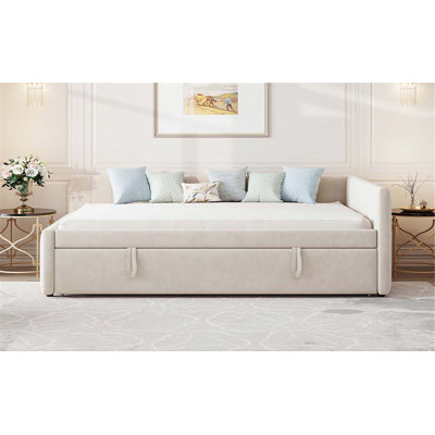 Full Size L-Shaped Upholstered Daybed with Twin Pop-Up Trundle for Extra Sleeping Space and Modern Comfort.