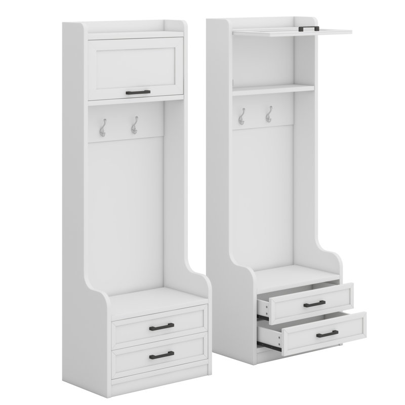 Detachable Hall Tree With Storage And Seven Hooks,  Hallway Coat Rack With Storage Drawers And Cabinet, White