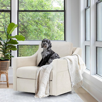 Fauteuil d'appoint pivotant à 360 degrés en lin beige avec base en métal et coussin de dossier épais pour le salon