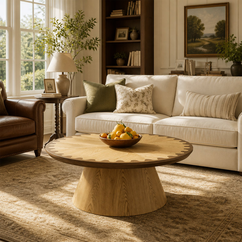 Table basse ronde à bords festonnés 35 po, table basse en bois avec base en bois robuste, table centrale compacte pour les espaces de vie modernes