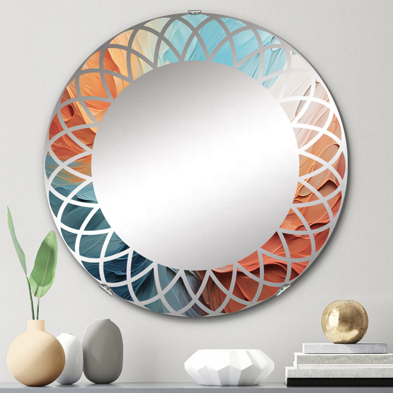 Teal Orange Bold Abstract Flow Collage I Circle Mirror, 24" x 24"