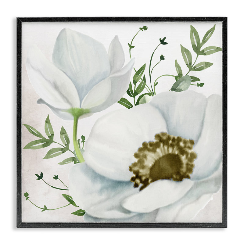 Magnolia et brins de feuilles, estampe numérique encadrée par Kim Allen, H 24 po x l 24 po, Giclée encadrée noir minuit