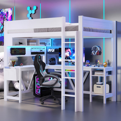Lit mezzanine double en bois avec bureau, tablettes de rangement, lumière DEL et station de charge USB, blanc