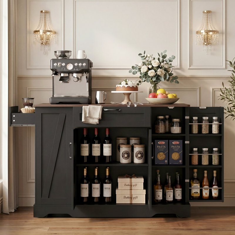 Four-Door Kitchen Island, Kitchen Trolley, Black