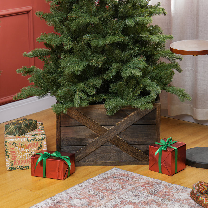 24" Wooden Christmas Tree Collar Box, Dark Distressed Wood
