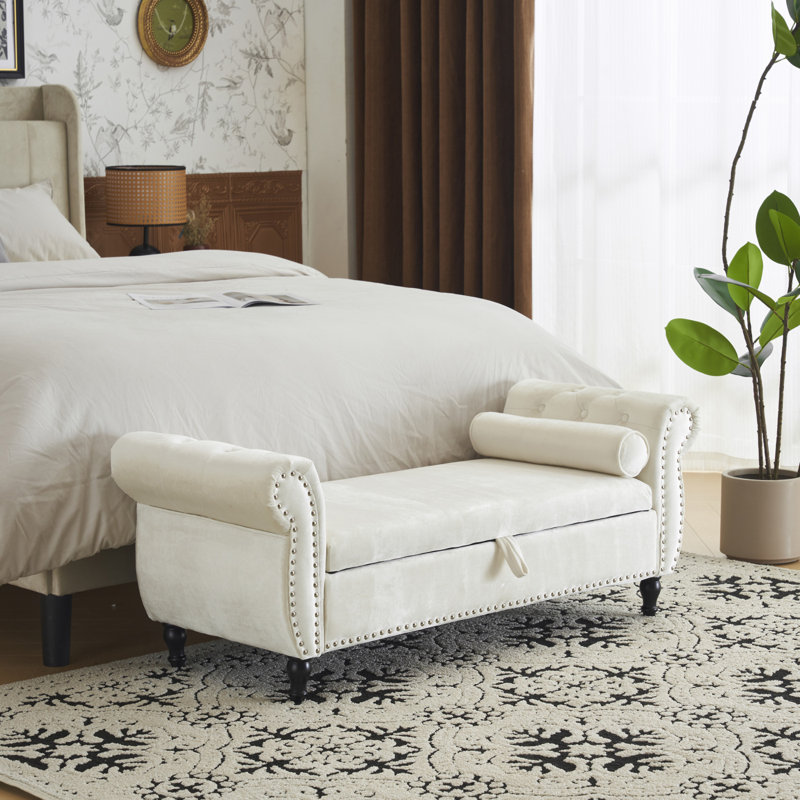 Banc repose-pieds rectangulaire en velours avec rangement et 1 coussin, Blanc