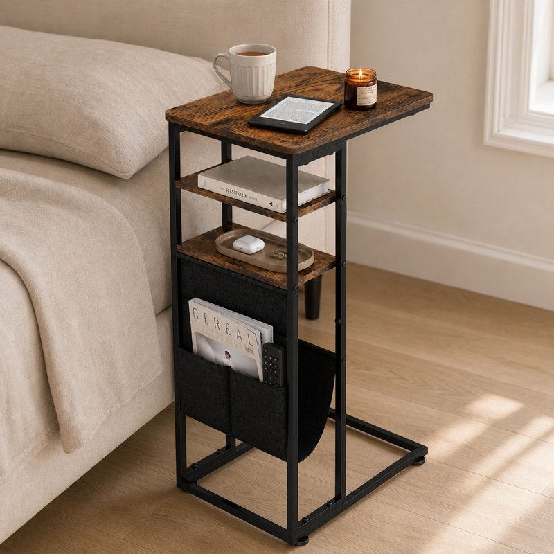 28 Inch C Shaped End Table with Storage Shelves and Bag