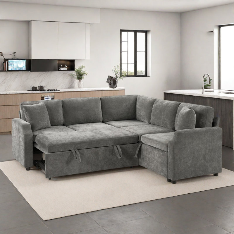 L-shaped Sectional Sofa With Hidden Storage Compartment, Gray Chenille