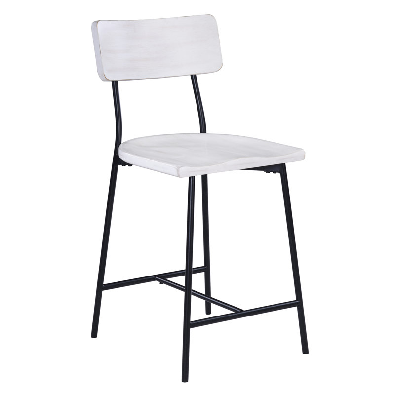 Tabouret de comptoir, dossier en forme, siège en bois de selle épais, structure en métal noir thermolaqué, glissières de bar réglables blanchies, repose-pieds moderne,