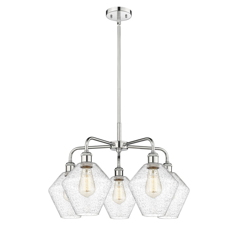 5 - Light Dimmable Teardrop Chandelier, Seedy, Polished Chrome
