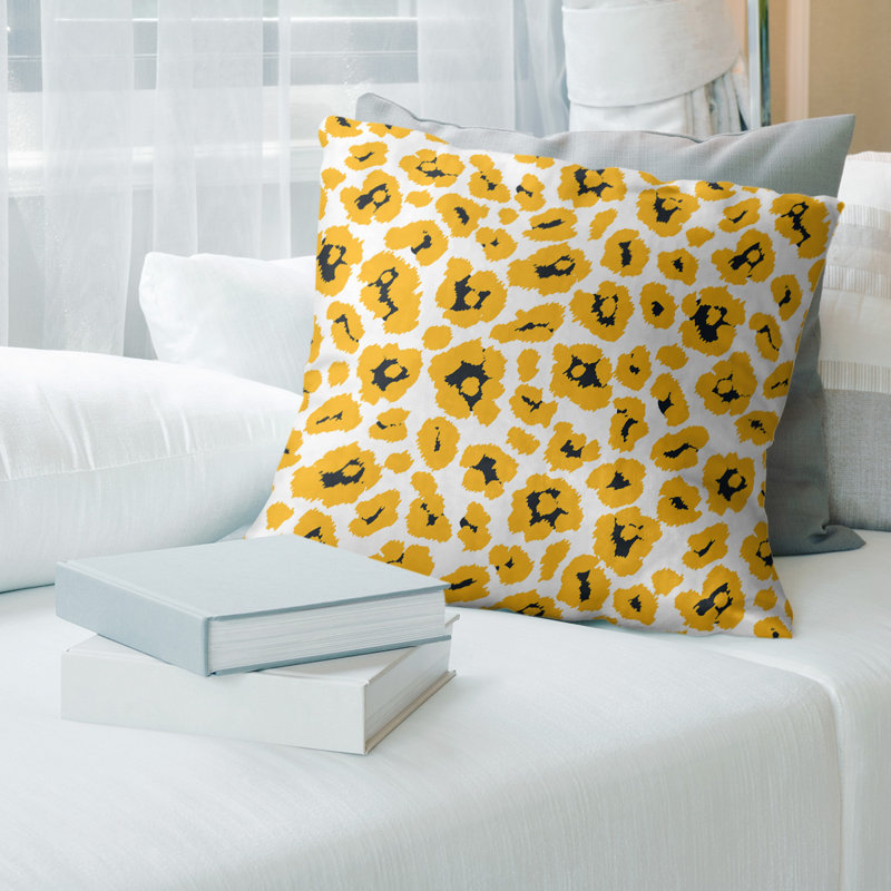 Housse de coussin carrée, Croisé en coton, Blanc / jaune/ noir, 26 po x 26 po