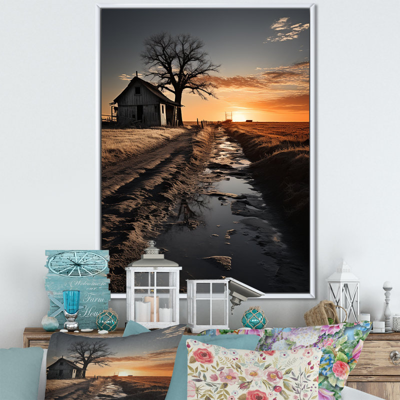 «Sunrise Horizon On Barn Photo», reproduction sur toile, H 32 po x l 16 po x P 1 po, Cadre flottant blanc