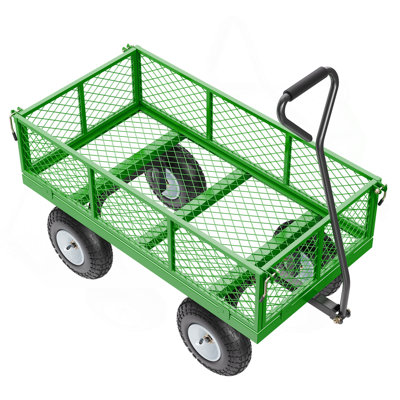 Chariot de jardin sur roulettes en acier de 900 lb, chariot de jardin robuste à tirer, chariot utilitaire extérieur en métal avec pneus de 10 po et côtés amovibles en filet (converti en plateau) et poignée pivotante à 180 °