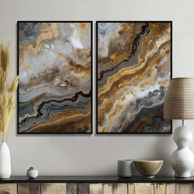 Or et gris, effet de marbre I - art mural abstrait en marbre, Noir, H 36 po x l 48 po, Impression encadrée flottante