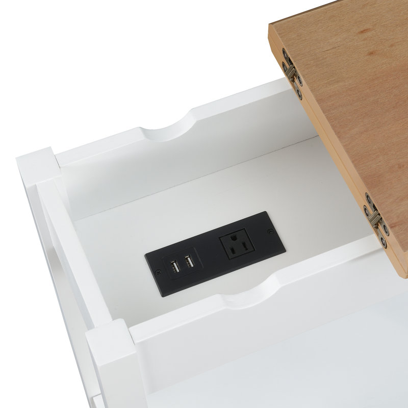Carbin End Table and Built-In Outlets, Driftwood Top/White Base