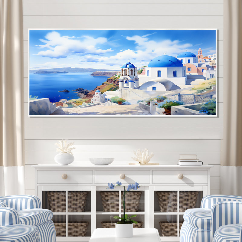 Grèce, paysage de Santorin III - Grèce, art mural, Cadre doré à coins fermés, H 34 po x l 44 po x P 1,5 po