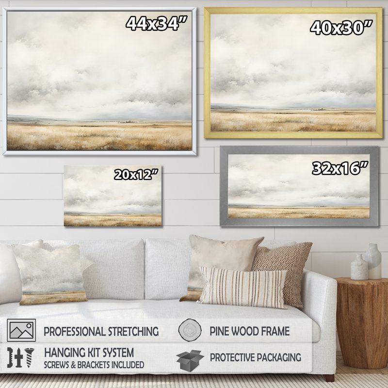 «Beige tempête prairie charme IV - tempêtes», art mural sur toile, Cadre flottant doré, H 12 po x l 20 po x P 1 po