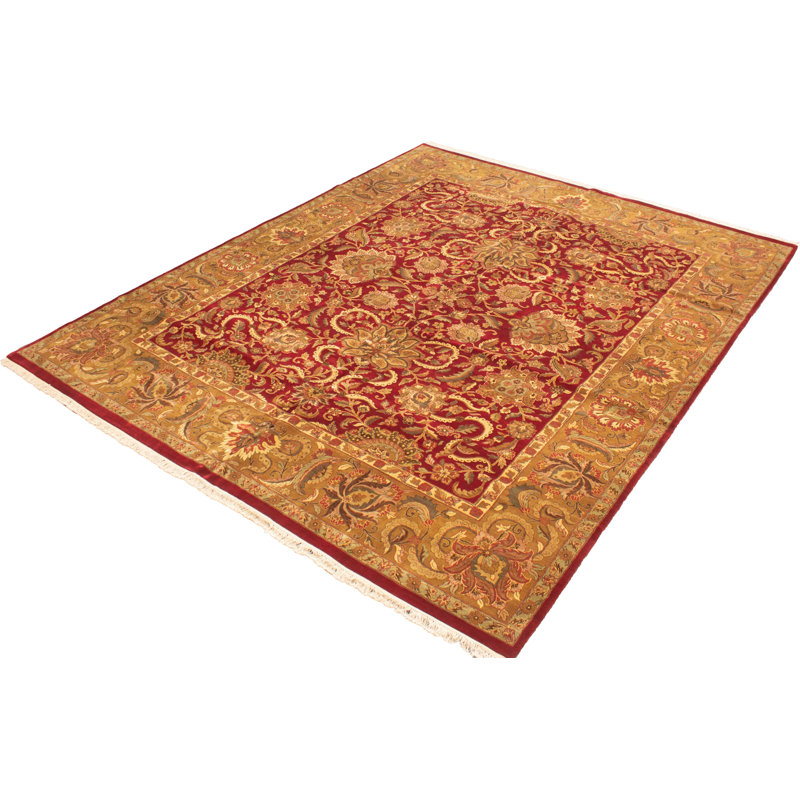Tapis rouge foncé en laine nouée à la main de conception unique Agra Jaipur 12 pi 1 po x 15 pi 2 po New Age