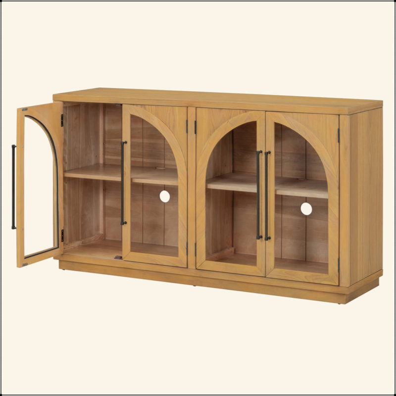  Buffet 4 portes en verre arqué, armoire de rangement en bois rétro avec tablettes réglables et trous pour câbles pour la cuisine, la salle à manger et le salon