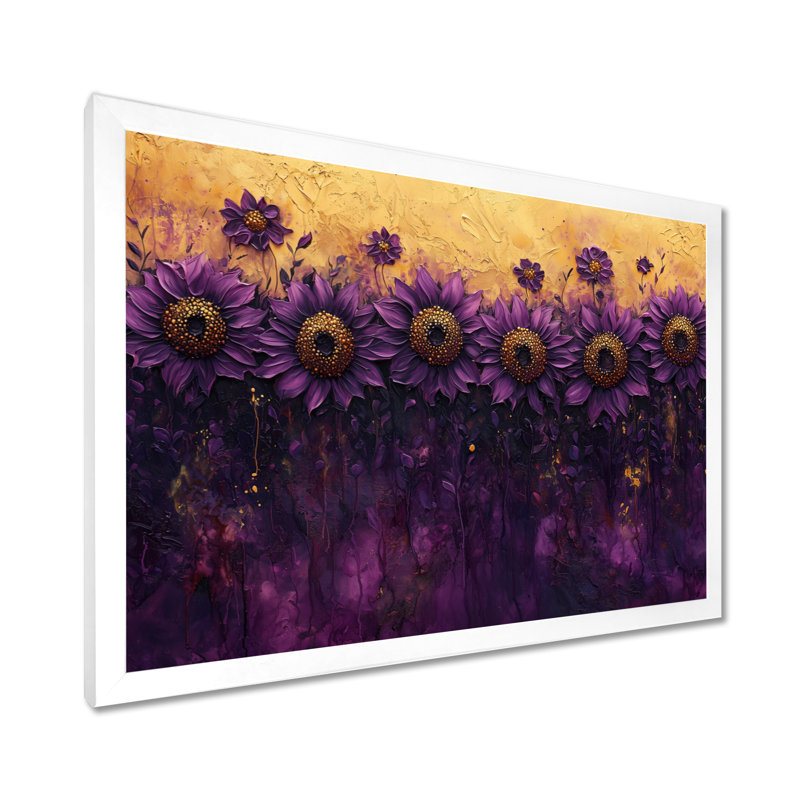 Lilas foncé tournesols champ - tournesols, art mural, H 34 po x l 44 po, Reproduction encadrée d'une seule photo, Blanc
