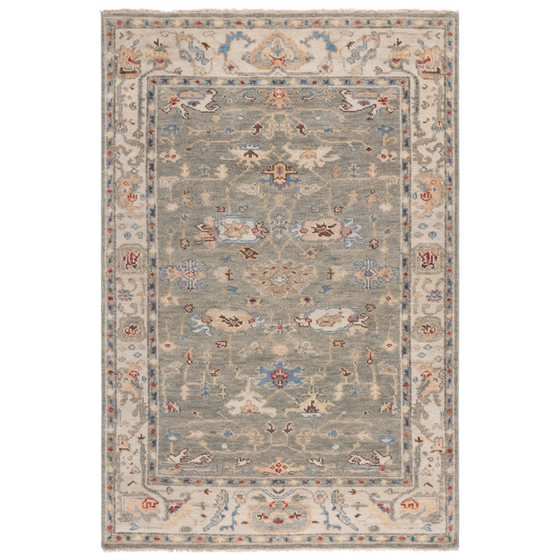 Samarkand Hand Knotted Wool/Cotton Oriental Rug in Ivory/Gray, Rectangle 6' x 9'