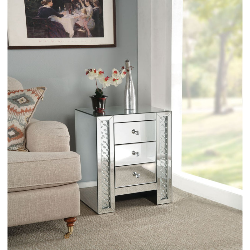 Choe Glam Sled Rectangular 3-Drawer End Table with Storage in Mirrored and Faux Crystals