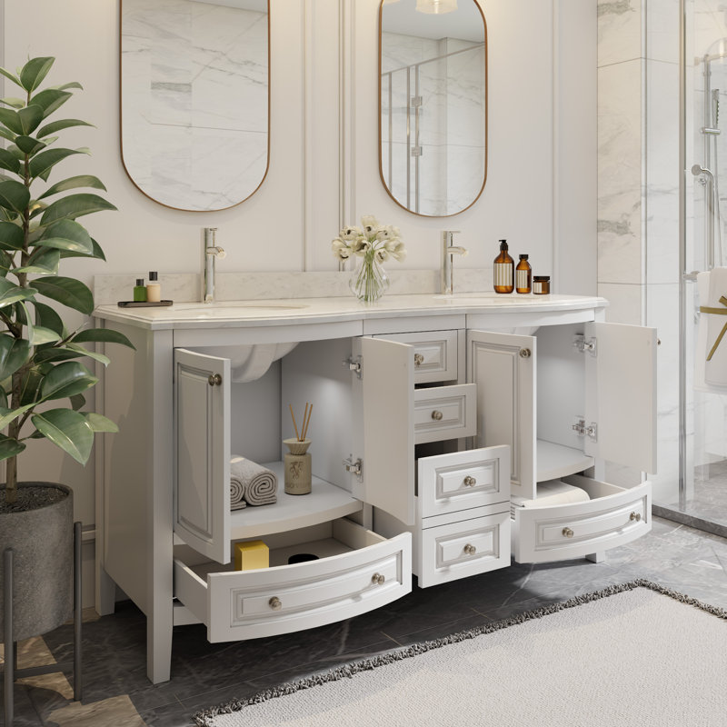 Mandilyn 60" Fully Assembled Double Sink Bathroom Vanity with Engineered Stone Top, Ceramic Sink, Backsplash Included, Soft-close Door Hinges and Drawers, Hand Paint