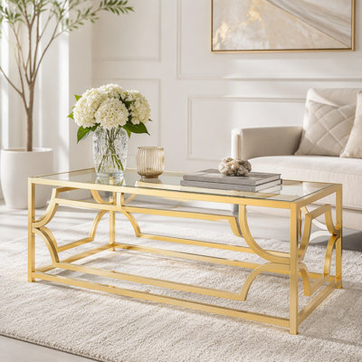 Modern Gold Glass Coffee Table, Luxury Rectangle Center Table with Metal Frame