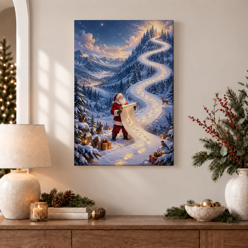 Père Noël tenant un rouleau lumineux sur toile de Noël, 18"H x 12"W