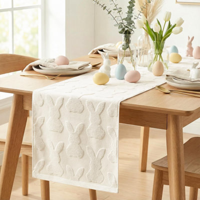 Beige Soft Cotton Jacquard Bunny Easter Table Runner, Holiday Kitchen Dining Table Decoration For Home Party Decor 13X72 Inch