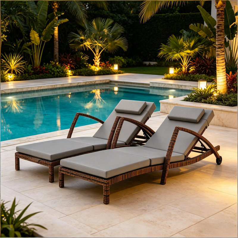 Chaise longue d'extérieur en osier gris 2 pièces avec 5 dossiers réglables, roulettes, coussins et accoudoirs