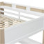 Lit mezzanine double en bois pleine grandeur avec tablettes de rangement intégrées, portemanteaux et bureau, blanc + naturel