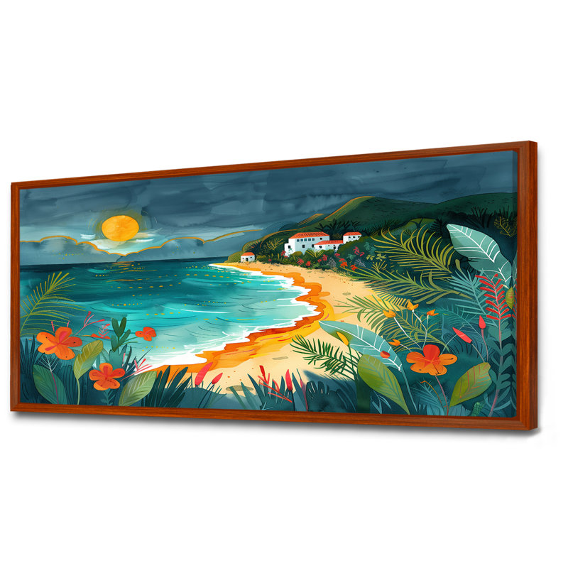 Orange, bord de mer, plage verte au Mexique I - salon d'art mural de plage, Cadre flottant brun, H 28 po x l 60 po