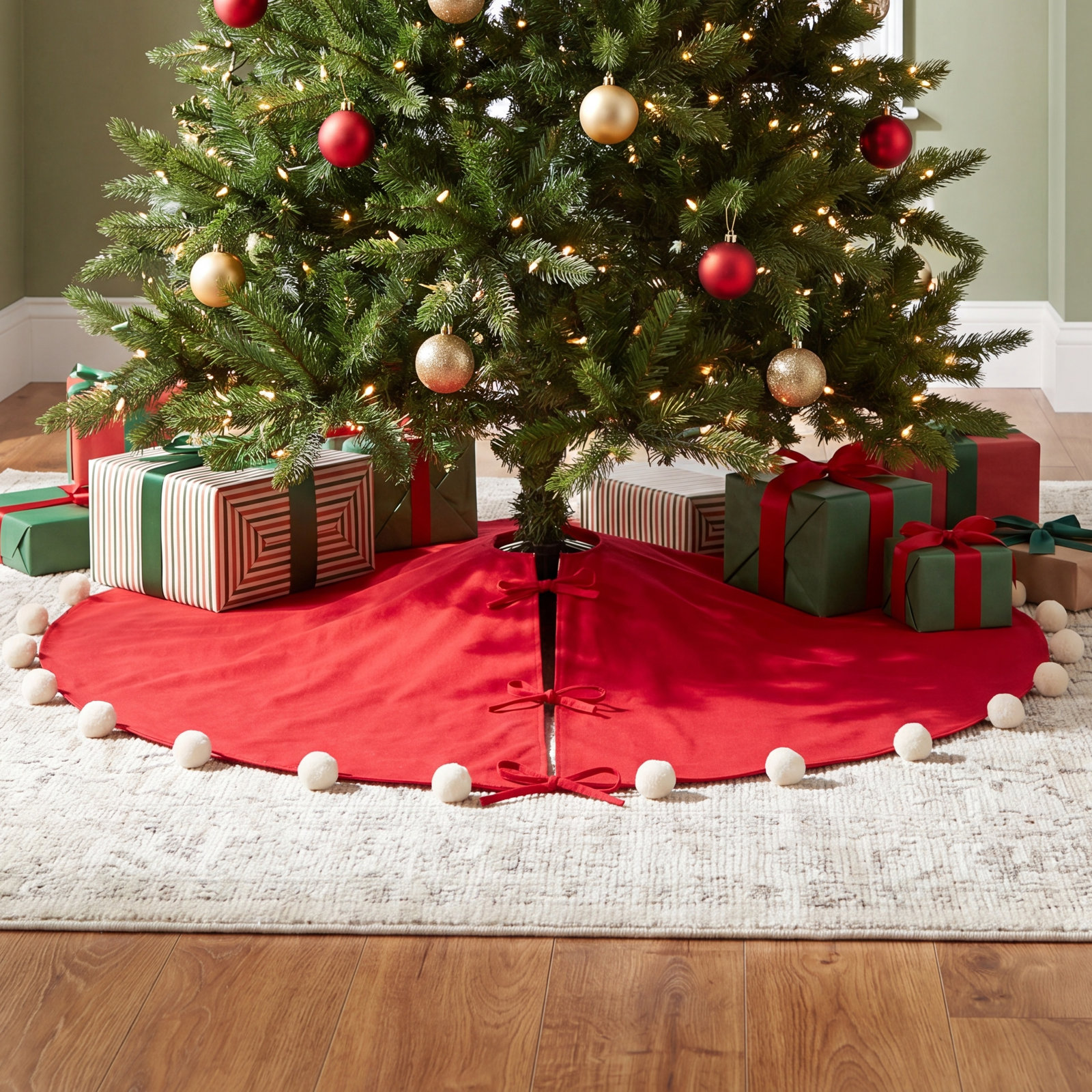 Pom Pom Collection Cotton Tree Skirt, 53" x 53", Red