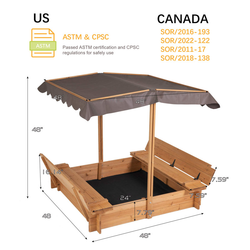 AIUEKES 48'' x 48'' Solid Wood Square Sandbox with Cover