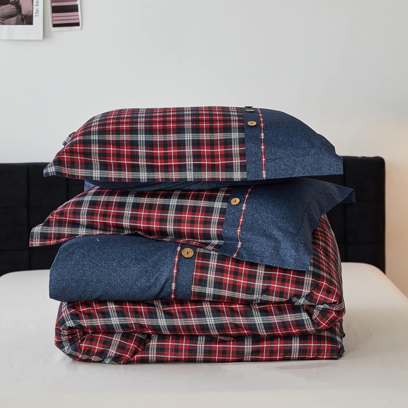Ensemble de housse de couette 100% coton à carreaux Buffalo, Édredon grand + 2 taies d'oreiller standard, Rouge