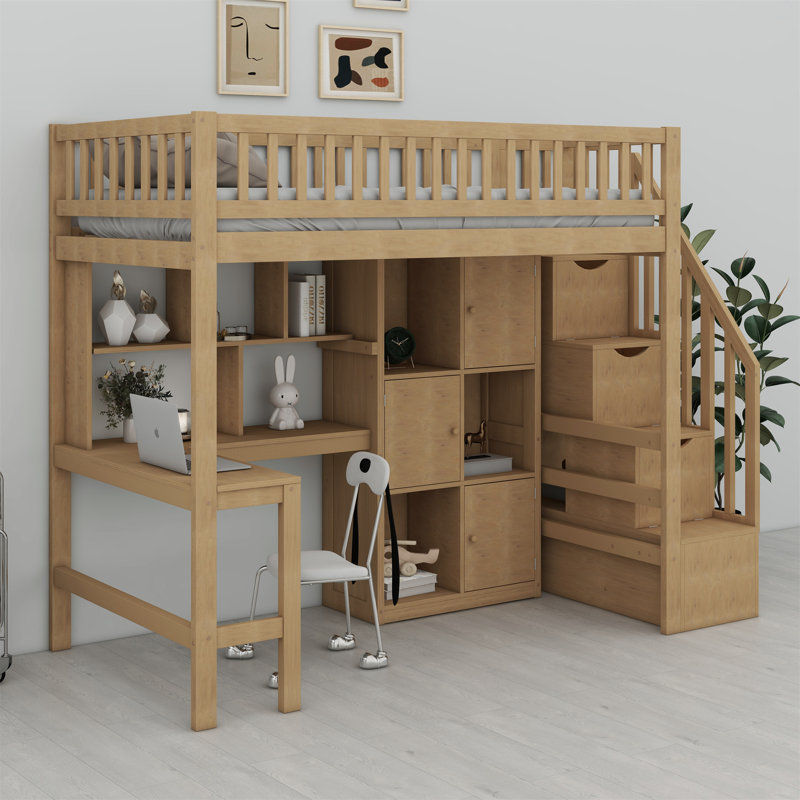 Wood Loft Bed With Built-In Desk, LED, Storage Shelves, Cabinets And Staircase, Walnut