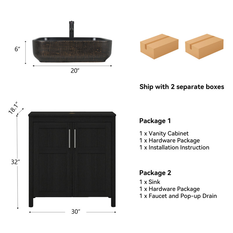 Meuble-lavabo simple 30 po avec lavabo moderne autoportant, Noir