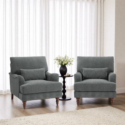 Upholstered Gray Nailhead Trim Accent Chair with Throw Pillow and Solid Wood Legs (Set of 2)