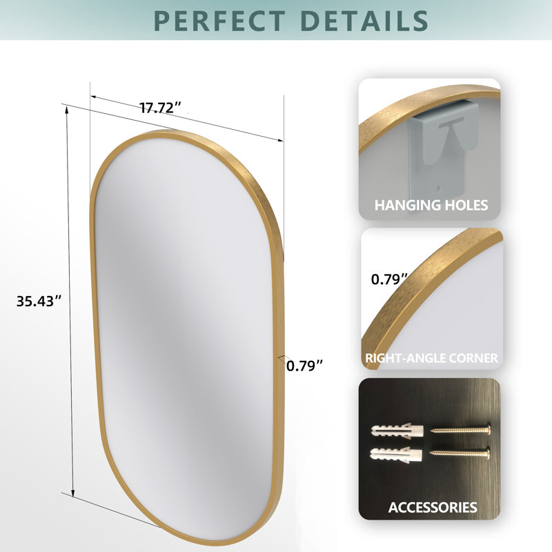 Joulon Oval Frame Mirror Wall Mount Bathroom Vanity Metal Mirror, Brushed Gold