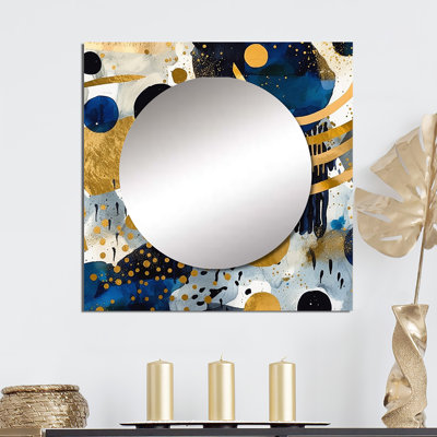 Jarne - Motif abstrait avec miroir carré géométrique bleu et doré XIXème pour décoration murale