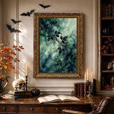 Vines épineuses foncées sur fond aquarelle vert turquoise, toile murale d'Halloween
