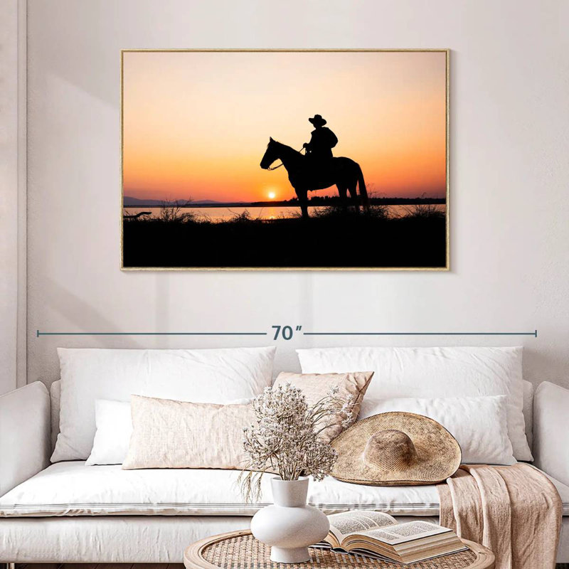 Silhouette de cowboy, Cadre flottant en bois naturel, 46 po x 31 po