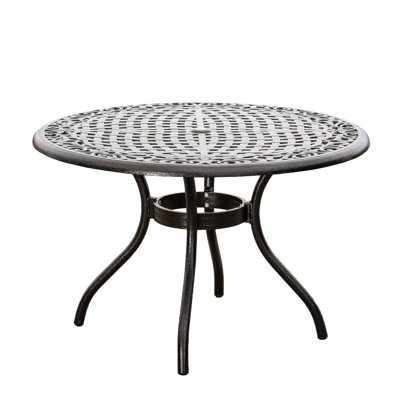Outdoor Round 48-in Dining Table Crafted From Cast Aluminum In Hammered Bronze, Tabletop, Umbrella Hole, And Curved Legs, For Back Patio 48-inch Patio, With Bronze Finish, Summer Events