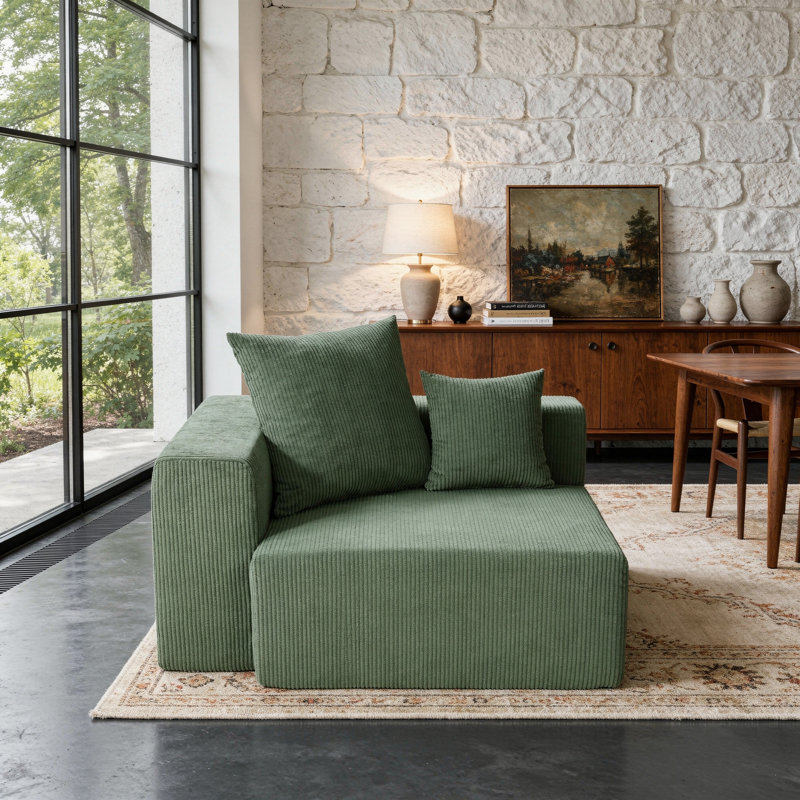 Upholstered Green Corduroy Accent Lounge Chair with Pillow – Fully Compressed, No Assembly Required, Green
