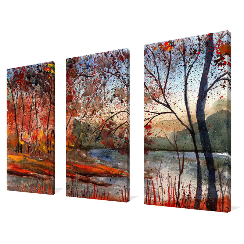 «Autumn Lake», ensemble de 3 reproductions d'art sur toile tendue, H 32 po x l 48 po x P 0,75 po
